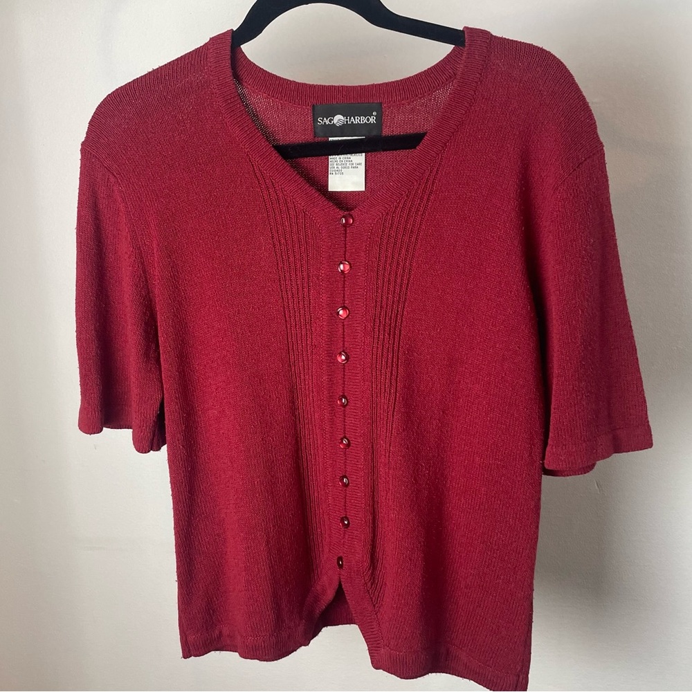 Sag Harbor Muted Red Silk/Acrylic Button Up Short Sleeve Sweater